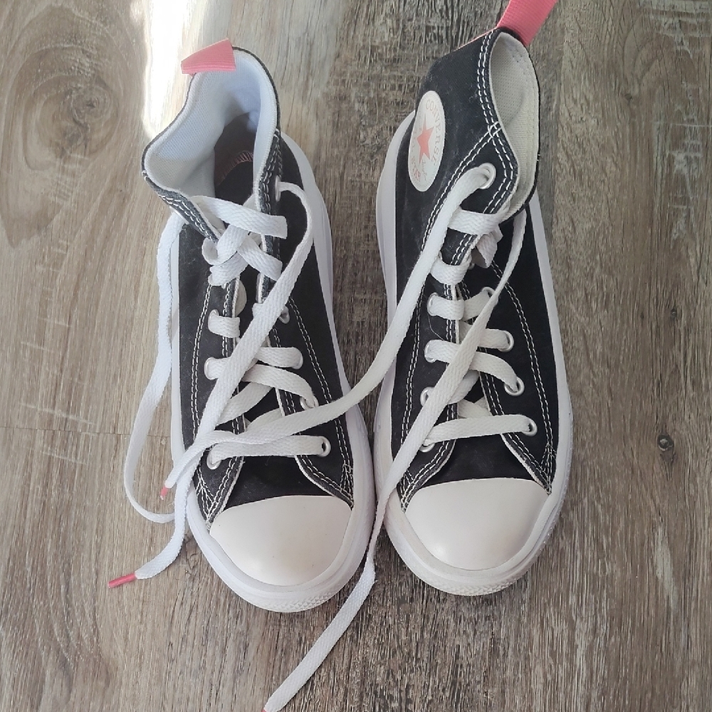 Converse Kids Black and White High-Tops with Pink Accents